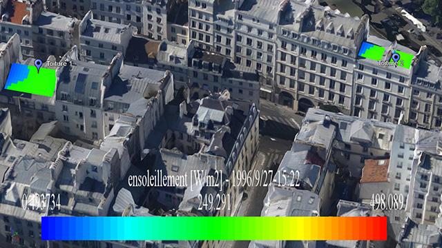 Solar potential calculated on a 3D simulation tile of a zone in Paris